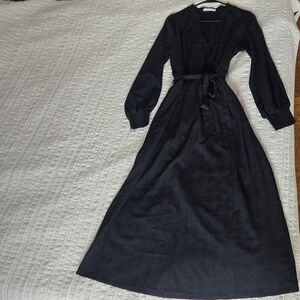 🖤 NEED Black Faux Wrap Maxi Dress Cinched Waist Pockets Size Large